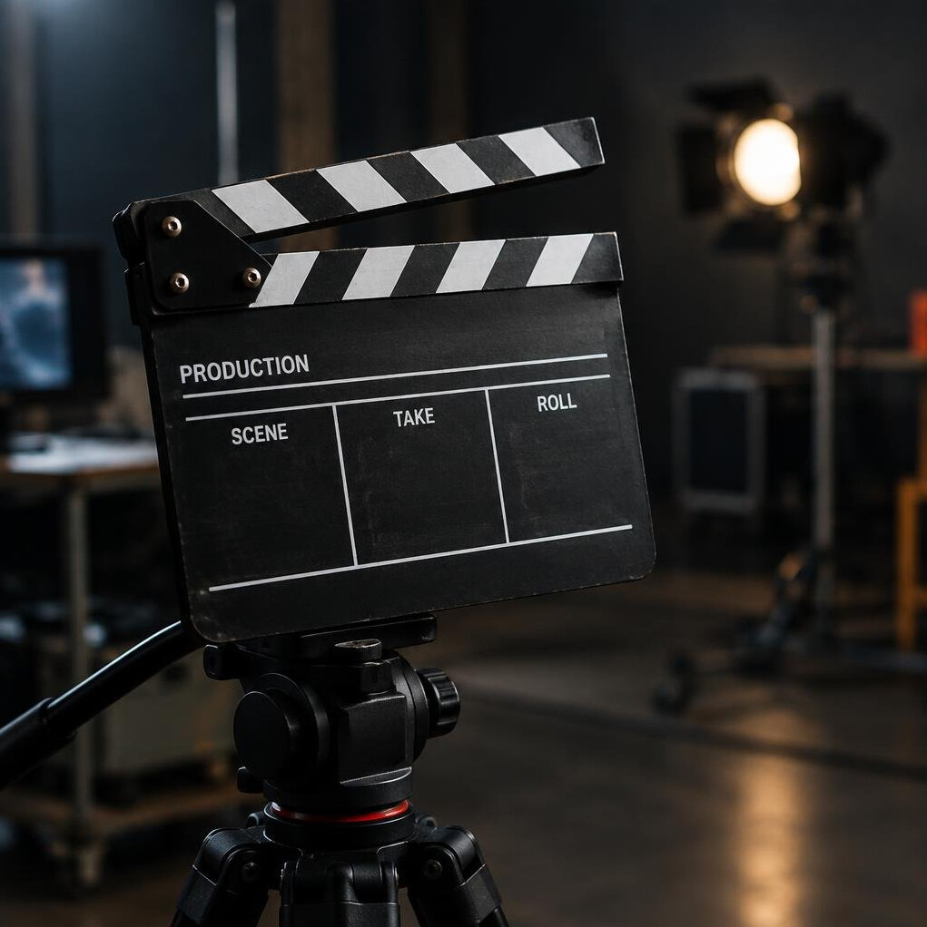 Close-up of a film clapperboard on a production set