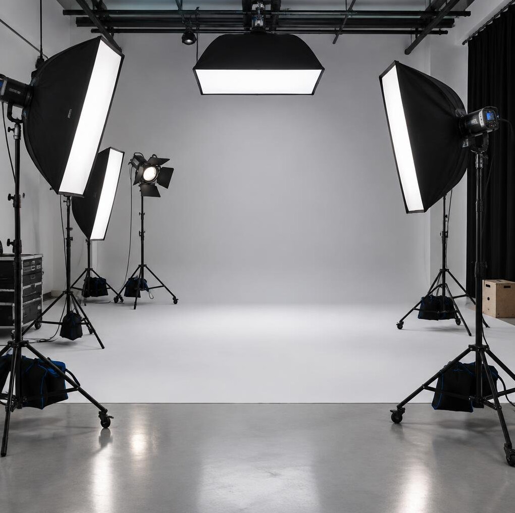 Studio lighting rig set up for a film shoot