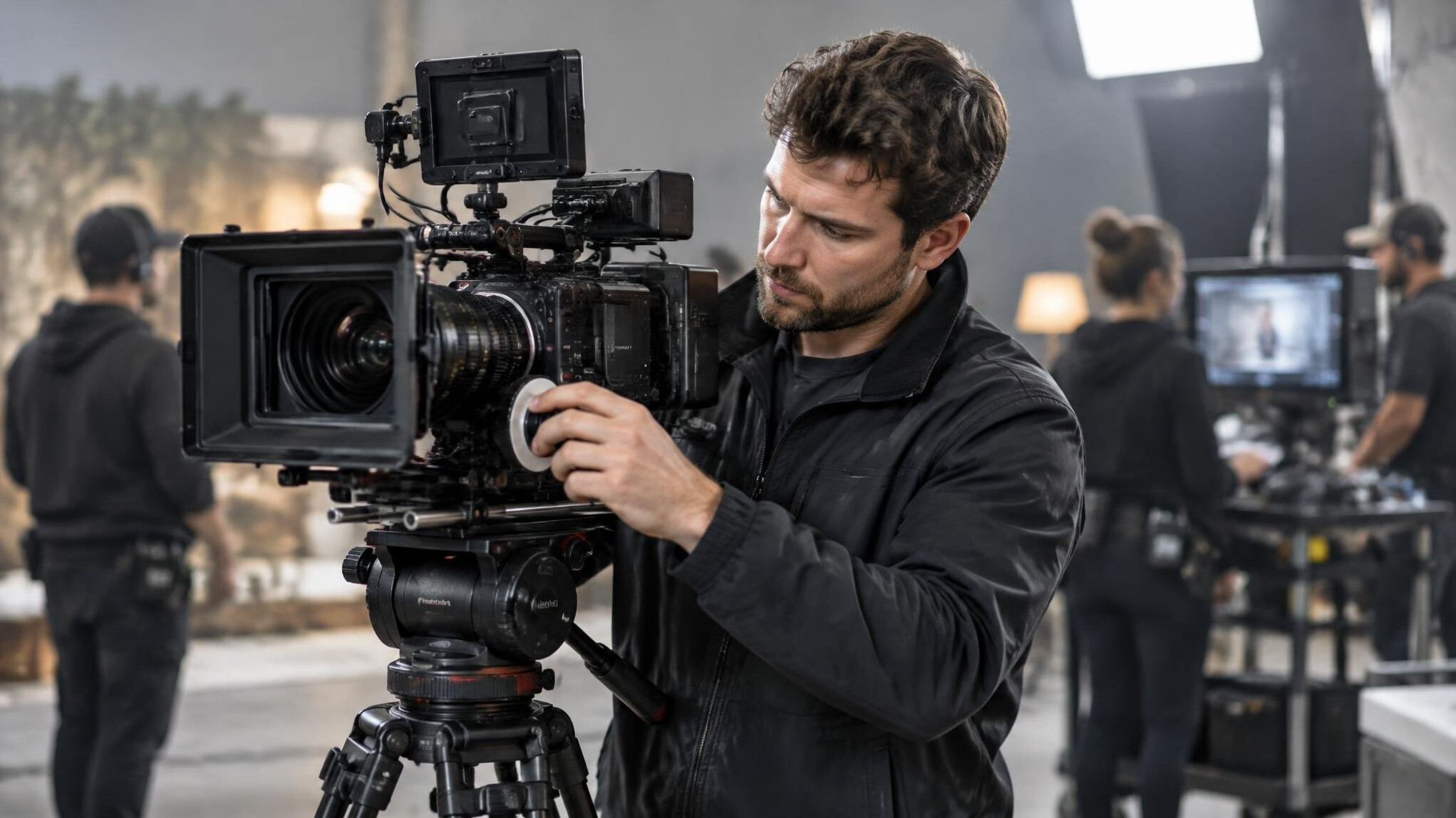 Camera operator adjusting a professional camera on a film set