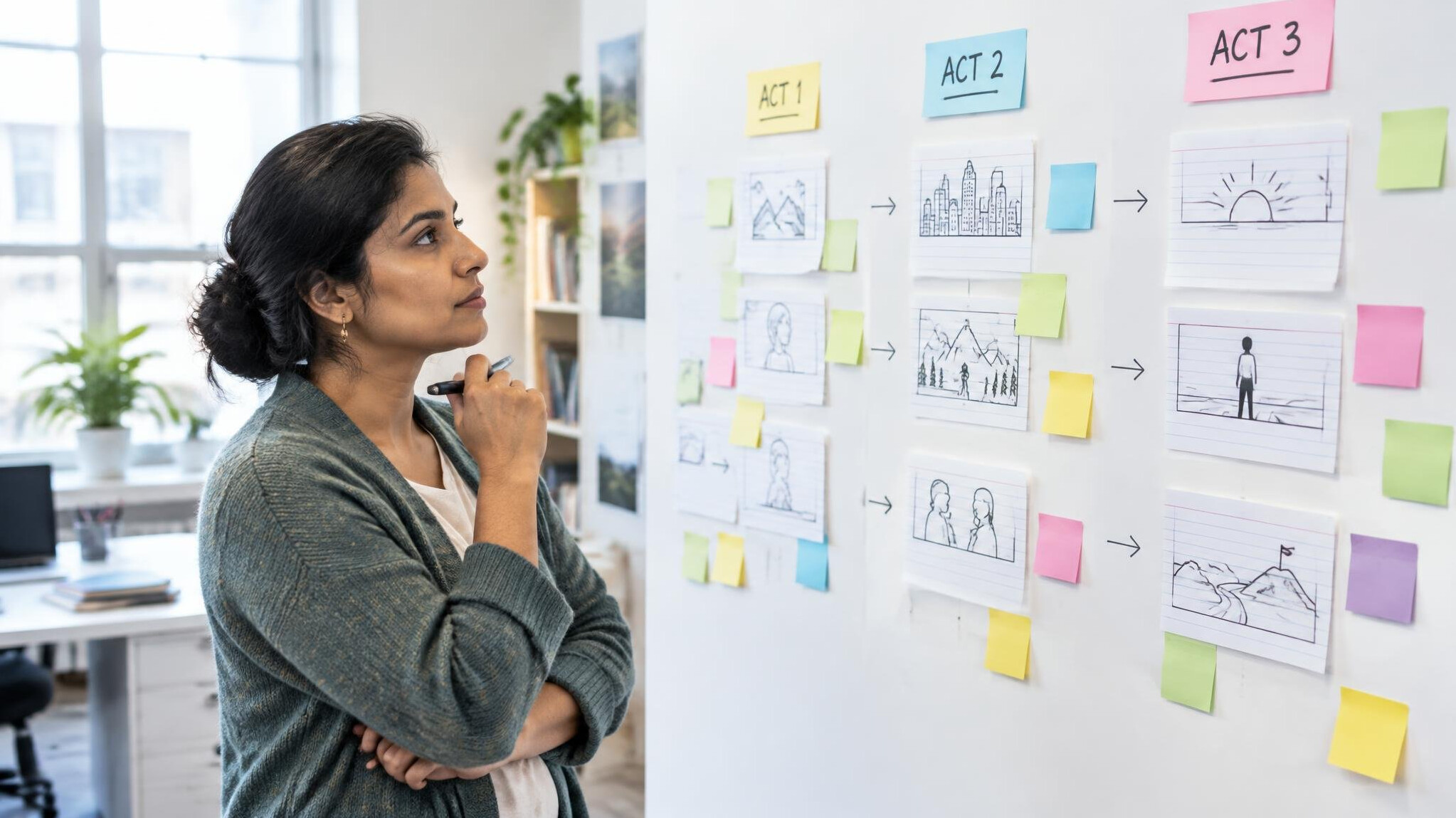 Person reviewing narrative planning notes pinned to a wall