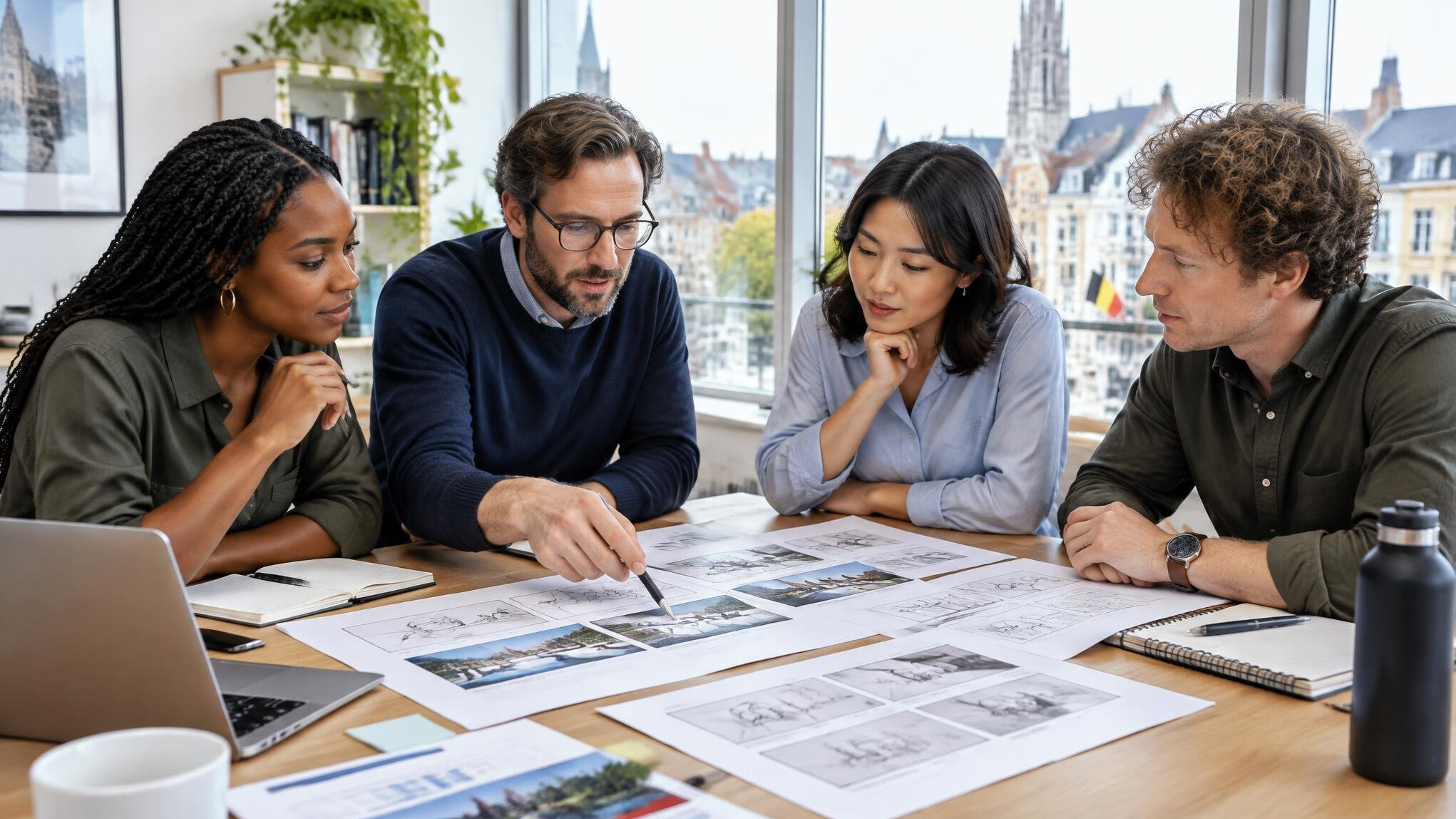 Editorial team gathered around a table reviewing documents and storyboards