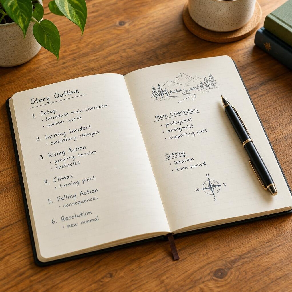 Notebook with handwritten story outline and pen