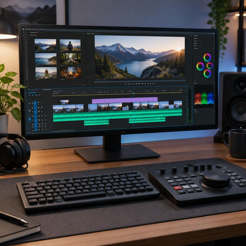 Editing desk with video timeline displayed on a monitor