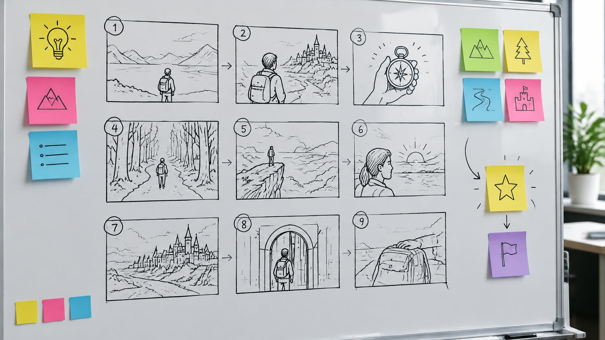 Storyboard whiteboard covered with sticky notes during a planning session