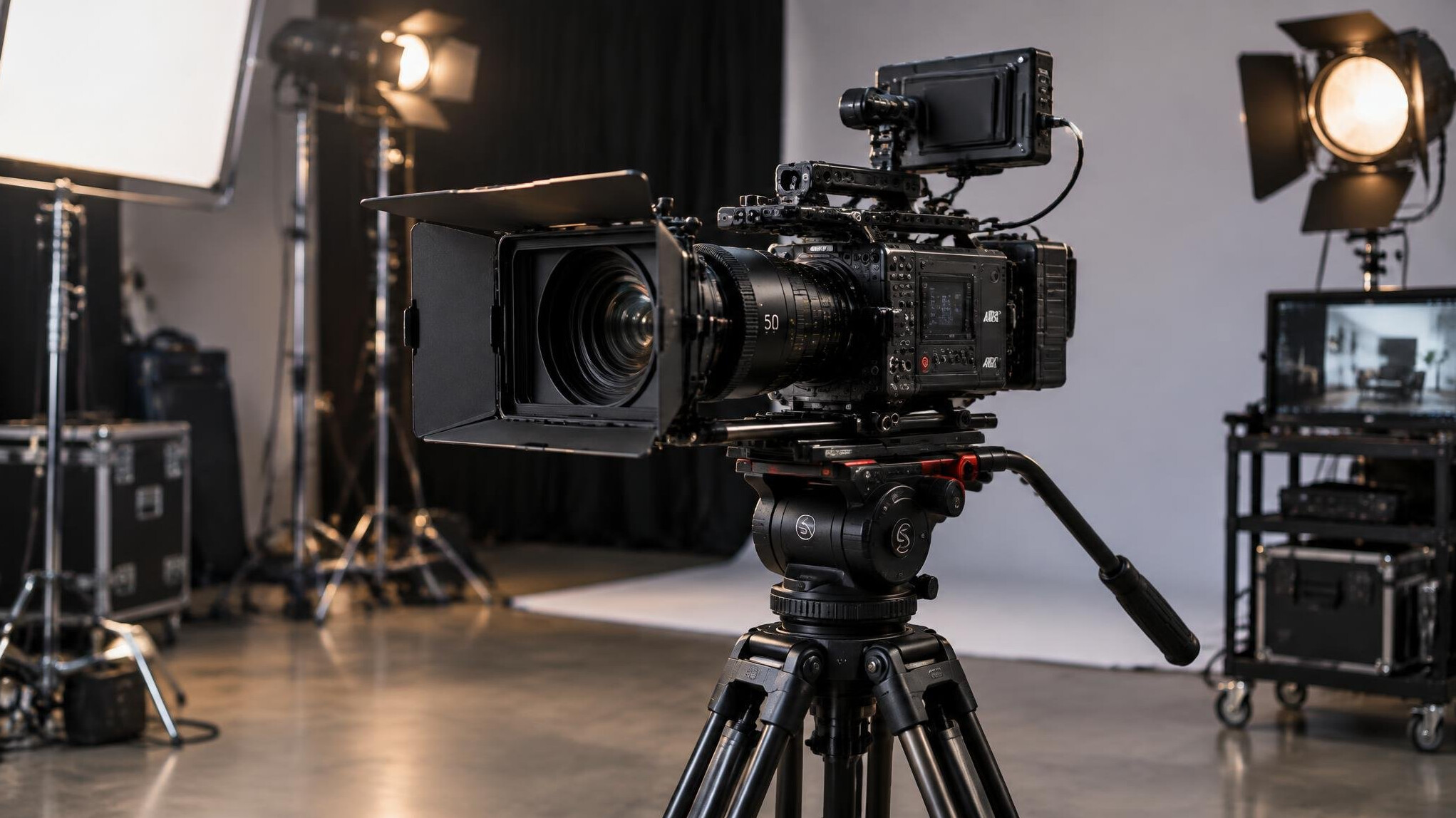Professional camera and tripod set up in a studio