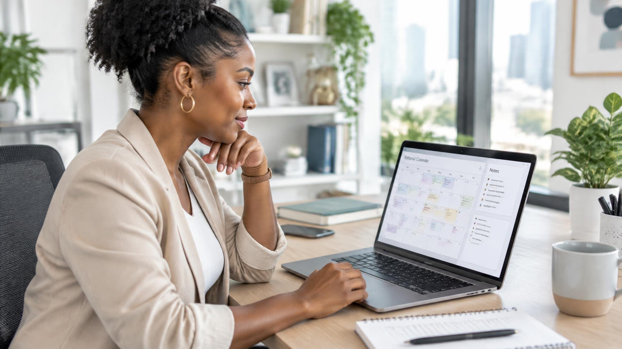 Editor reviewing an editorial calendar on a laptop