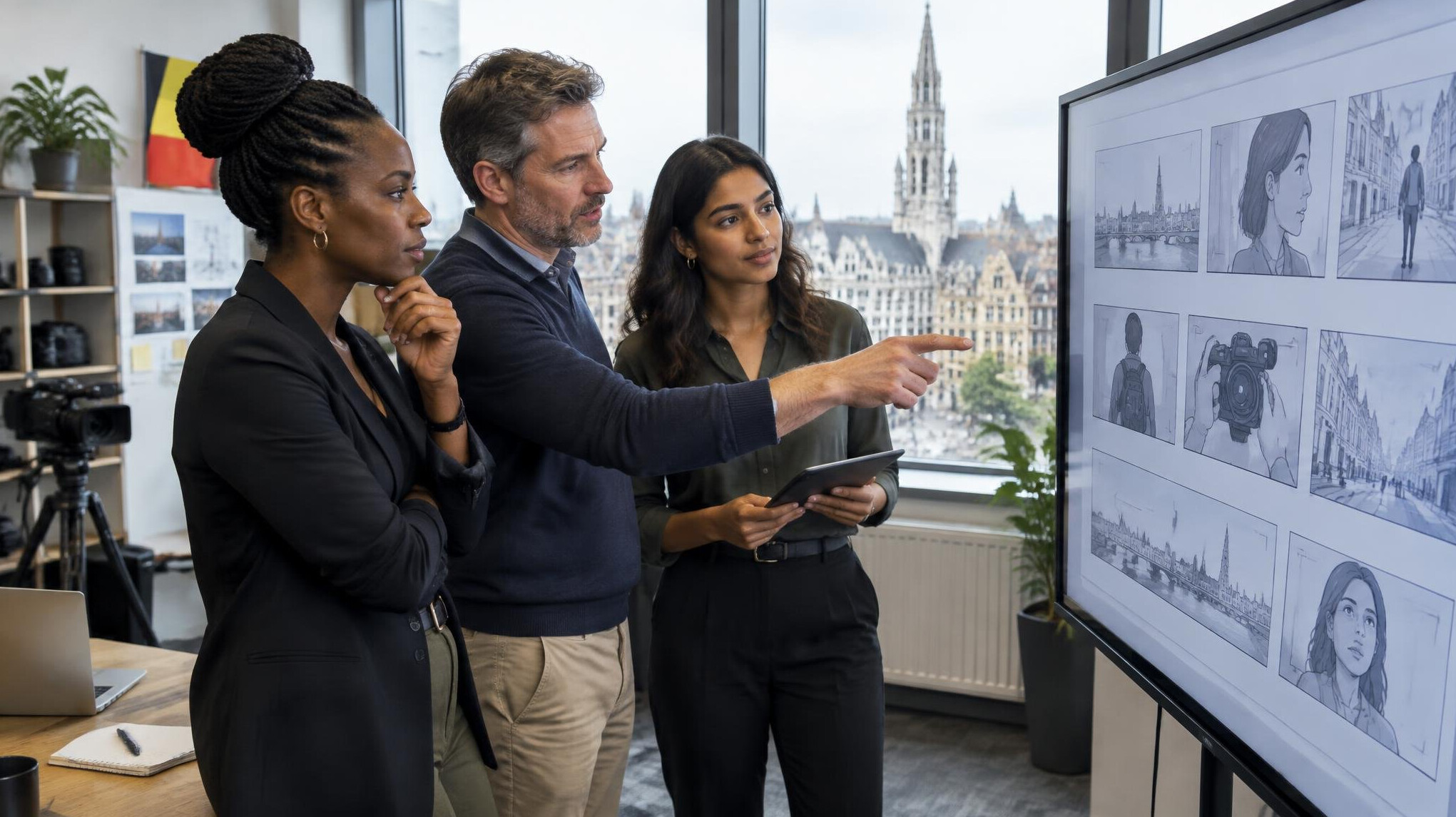 Diverse production team reviewing a storyboard on a large screen in a modern office