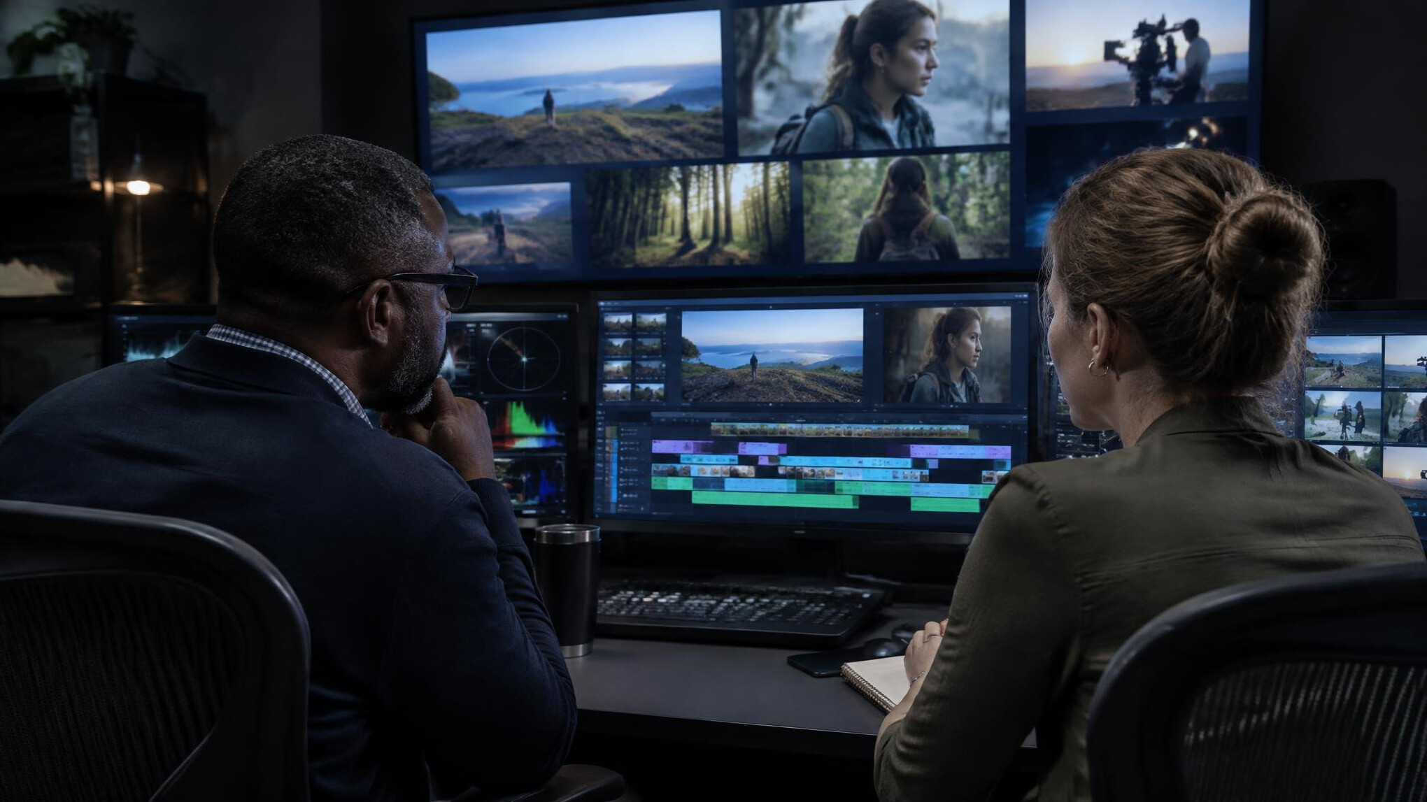 Production team monitoring footage on multiple screens in a studio control room